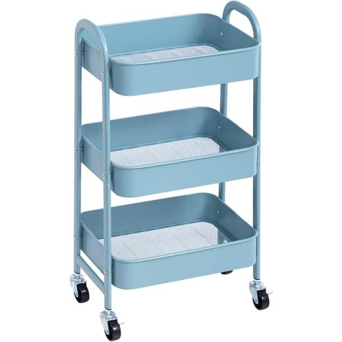 AGTEK Makeup Cart, Movable Rolling Organizer Cart, Grey-Blue 3 Tier Metal Utility Cart