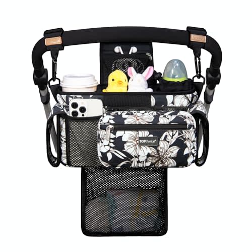 TOPDesign Universal Baby Stroller Organizer, Stroller Caddy with Detachable Mesh Bag & Heightened Insulated Cup Holders & Non-Slip Secure Hooks Accessories, Fits Most Strollers (Morning Glory)
