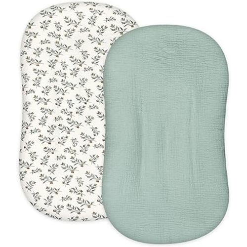Hooyax Muslin Baby Lounger Cover 2 Pack, Organic Removable Lounger Slipcover for Newborn, Baby Padded Lounger Infant Floor Seat Covers for Boys Girls (Light Green & Leaf)