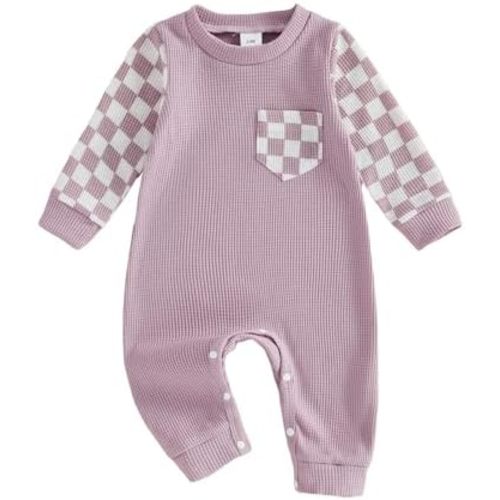 Newborn Baby Girl Fall Outfit Romper Long Sleeve Plaid Print Patchwork Jumpsuits Cute Infant Waffle Clothes