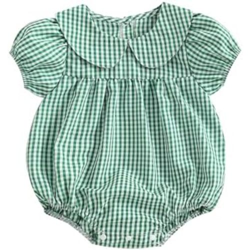 Baby Girl Summer Outfit Plaid Print Peter Pan Collar Short Sleeve Bubble Romper Gingham Bodysuit Infant Spring Clothes