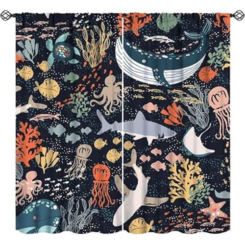 Kids Sea Animal Curtains for Boys Girls Bedroom Nursery Decor Funny Turtle Whale Ocean Colorful Art Printed Blackout Window Drapes Fabric Set 2 Panel 42x45 Inch 30% Shading Rate