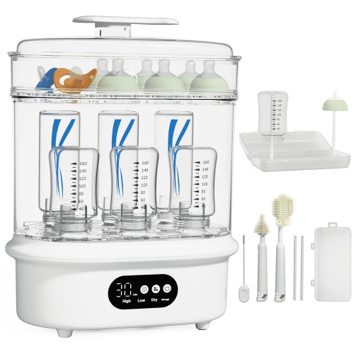 All-in-One Baby Bottle Sterilizer and Dryer, 6 Bottles Capacity, Electric Steam Sterilizer with 72H Storage, 360° Hot Air Drying, Includes Bottle Brush & Drying Rack，One-Touch Operation