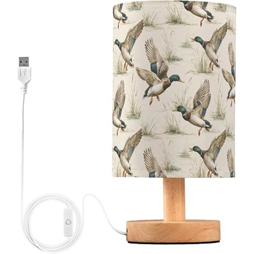 Cartoon Mallard Ducks Bedside Table Lamp Small Desk Lamps Linen Fabric Shade Decorative Nightstand Lamp LED with USB Port Wood Base for Bedroom Living Room