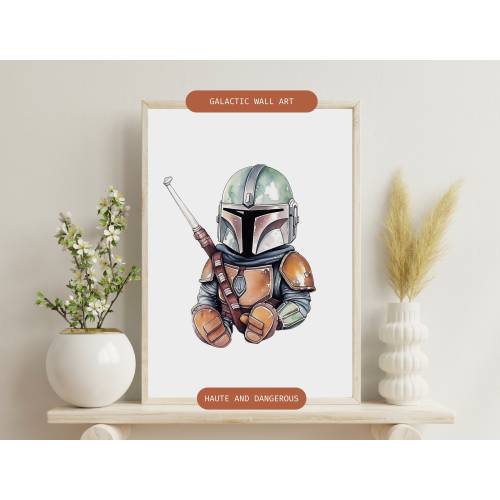 Baby Mando Printable, Star Galaxy Wars Nursery Art, Art Print, Digital Download Poster Nursery Wall Decor, Kid's Children's Room Art Prints