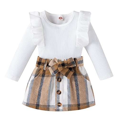 Noubeau Toddler Baby Girls Plaid Outfits Knit Ribbed Sweatshirt Shirt Tops Red Plaid Belt Skirt Fall Winter Clothes