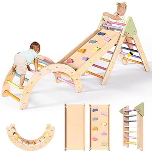 Kids Pikler Triangle Set Climbing Toys for Toddlers 1-3 Inside, Toddler Climbing Toys Indoor Foldable Montessori Climbing Set- Arch Ramp Slide Ladder