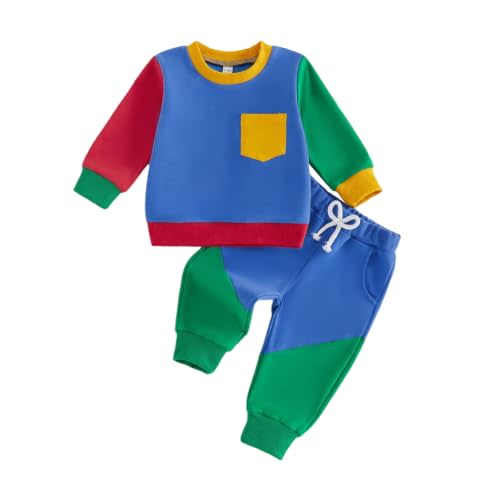 Toddler Clothes 2-Piece Set Sweatshirts Jogger Pants Baby Boys Girls Outfit | Color Blocking Pullovers, Fall Winter Outfit, Pockets, Elastic Waist, Long Sleeve, Crew Neck, Unisex