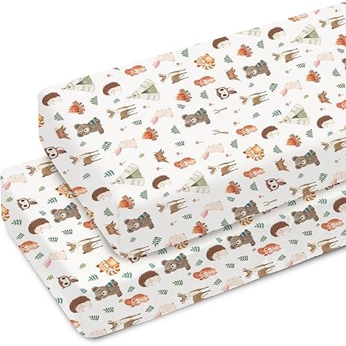 Camping Animals Baby Crib Sheets for Boy Girl 52x28In Bear Deer Raccoon Squirrel Bunny Hedgehog Owl Soft Snug Fitted Crib Mattress Cover Baby Sheet for Standard Crib & Toddler Mattress 2 Pack