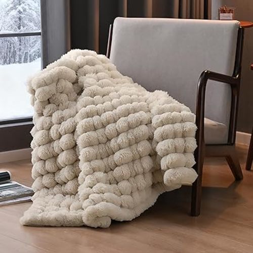David's Home Reversible Faux Rabbit Fur Throw Blanket, Luxury Soft Thick Shaggy Warm Fuzzy Bubble for Couch, Bed, Cozy Plush Fluffy Decorative for Fall Winter, Oak, 50 "* 60"