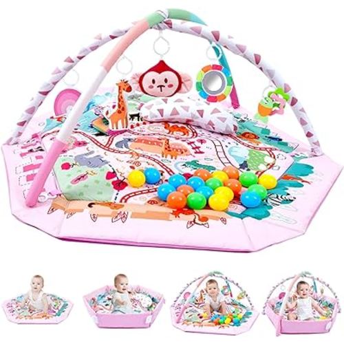 Baby Gym Play Mat, 8-in-1 Tummy Time Mat & Activity Gym, Washable Ball Pit with 18 Balls, Infant Play Mat with Detachable Toys for Sensory Exploration and Motor Skill Development, Gifts for Baby