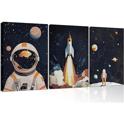 3Pcs Space Astronaut Canvas Wall art Cute Astronaut Nursery Galaxy Posters Modern Space Themed Print Rocket Pictures Toddler Boy Room Wall Decor for Adventure Kids Bedroom Nursery Room Framed