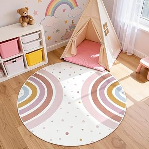 STARUIA Colorful Round Rug for Nursery, 4 Ft Rainbow Washable Rug for Playroom, Boho Kids Rug Non-Slip Soft Bedroom Carpet for Classroom Teepee Princess Castle