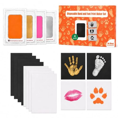 4-Pack Baby Hand and Footprint Kit,Colorful | Clean and Safe Inkless Pad, Newborn Keepsake, Pet Paw and Nose Print, Valentine's Lip Print Gift Cards
