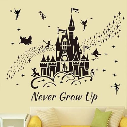 Supzone Castle Wall Stickers Fairy Tale Castle Wall Decal Never Grow Up Quotes Stars Wall Decor DIY Mural Art for Baby Nursery Room Kids Bedroom Playroom-Black