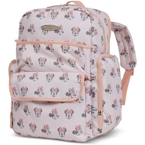 Disney Diaper Bag Backpack with Changing Pad Minnie Mouse – 16” Nylon Baby Bag for Parents, Insulated Bottle Holders, Multiple Storage Pockets