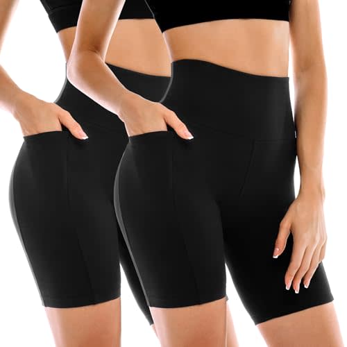 2 Pack Womens Biker Shorts with Pockets, High Waisted Yoga Shorts for Women Running Gym and Workout