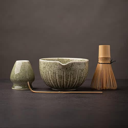 TANG PIN Matcha Set - Match Bowl with Spout and Whisk, 15 OZ, Matcha Scoop | Matcha Whisk Stand (Chasen Holder) - 4pc Perfect Matcha Kit for Matcha Tea Ceremony (Mottled Green)