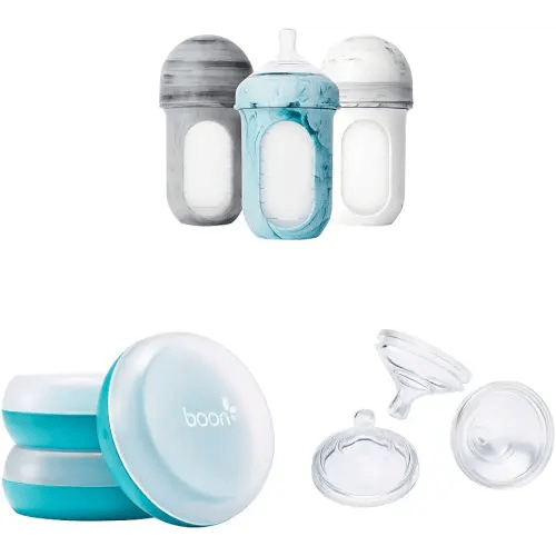 Boon NURSH Reusable Silicone Baby Bottles & NURSH Storage Buns (Pack of 3), Blue-White,3 Count (Pack of 1) & NURSH Silicone Replacement Nipple (Pack of 3)