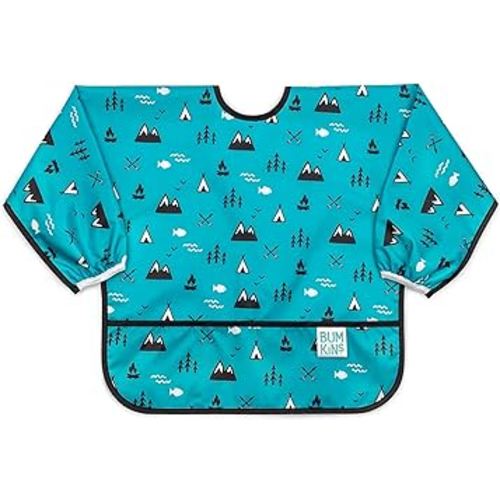 Bumkins Sleeved Bib for Girl or Boy, Baby and Toddler for 6-24 Mos, Essential Must Have for Eating, Feeding, Baby Led Weaning Supplies, Long Sleeve Mess Saving Food Catcher, Fabric, Outdoors Blue