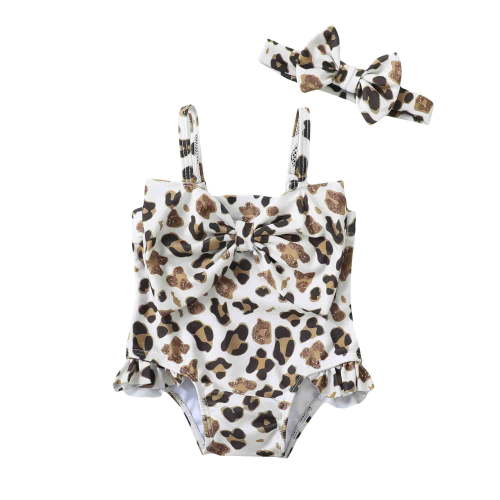 Toddler Baby Girls Clothes Baby Girls One-piece Swimsuit Sleeveless Suspender Cute Bowknot 12-18 Months Girls Summer Leopard Swimwear Headband Set