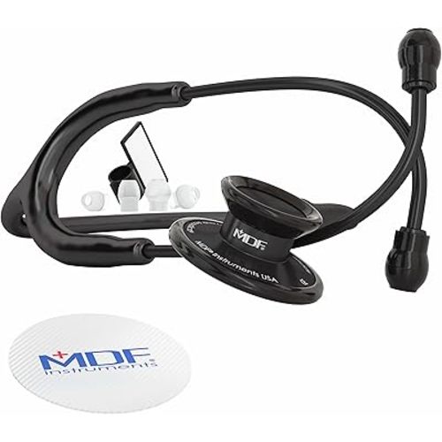MDF Instruments, Acoustica Lightweight Stethoscope for Doctors, Nurses, Students, Home Health Use, Dual Head, Black Tube, Black Chestpiece-Headset, MDF747XPBO