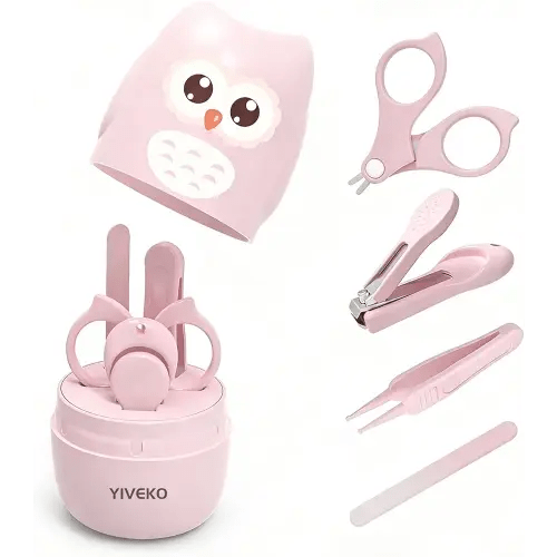 Baby Nail Kit, 4-in-1 Baby Nail Care Set with Cute Case, Baby Nail Clippers, Scissors, Nail File & Tweezers, Baby Manicure Kit and Pedicure kit for Newborn, Infant, Toddler, Kids-Owl Pink