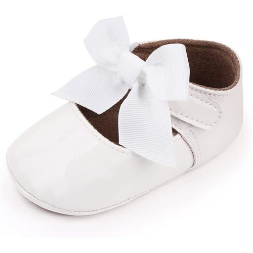 Clowora Infant Toddler Baby Girl Dress Shoes Mary Jane First Walking PU Leather Princess Wedding Rubber Sole Non-Slip with Bowknot Floral Flats