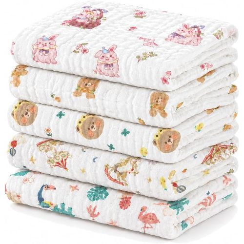 Baby Burp Cloths 5 Pack, 100% Cotton Muslin Burp Cloths for Baby Girl Boy