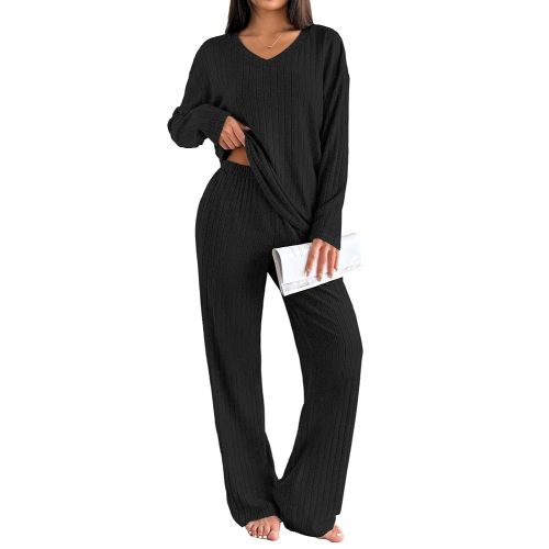 Ekouaer Lounge Sets for Women Long Sleeve Knit Ribbed Pajama Sets 2 Piece Casual Loungewear with Pockets