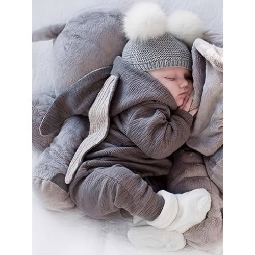 Newborn Baby Long Sleeve Hooded Zipper Jumpsuit With 3D Bunny Ears Kids Clothes