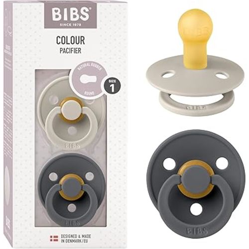 BIBS Colour Pacifiers | Set of 2 BPA-Free Latex Baby Pacifiers | Round Nipple | Made in Denmark (Sand/Iron | 0-6 Months)
