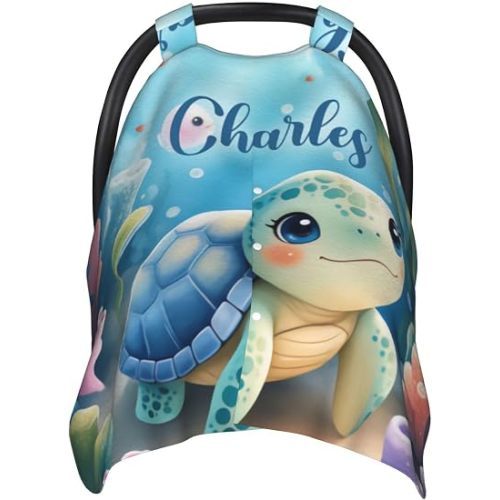 Personalized Baby Turtle Car Seat Canopy for Babies,Custom Name Turtle Car Seat Covers Boys Girls,Stroller Cover,Opening Minky Nursing Breastfeeding Cover for Infant,Newborn