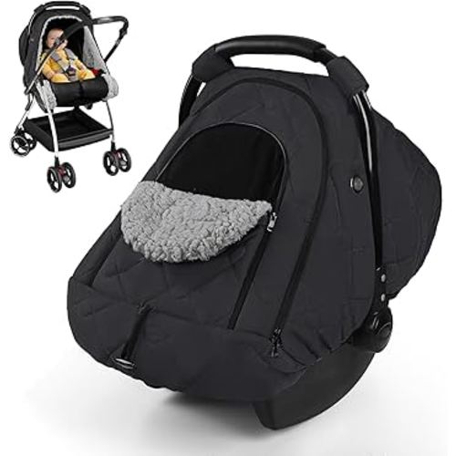 Baby Car Seat Cover Winter, Waterproof Baby Carseat Cover for Girl Boy with Mesh, Warm Fleece Infant Car Seat Cover, Breathable Car Seat Cover for Babies, Double Windows Carseat Canopy Covers, Black