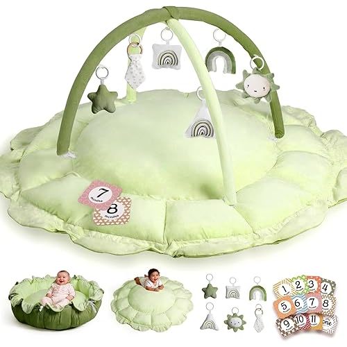 HAN-MM 5-in-1 Convertible Baby Play Gym with 6 Toys, Tummy Time Mat for Sensory Development, Baby Activity Center from Newborn to Toddler, Ball Pit, Soft Plush Pet Mat, Green