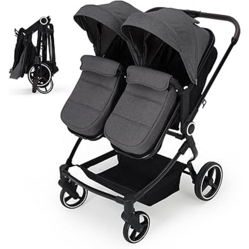 Double Stroller for Newborn and Toddler, Tandem Strollers with Lightweight Compact Fold, Adjustable Cancline & Canopy, Parent Cup Holders, for Twins Infant Toddler Kids Travel