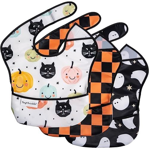 Tiny Twinkle Mess Proof Baby Bibs for Eating - Waterproof, Wipeable Bibs - Toddler Bibs - Travel Friendly - PFAS, PVC, BPA, Phthalate Free - Baby Food Bibs (3 Pack,Halloween)