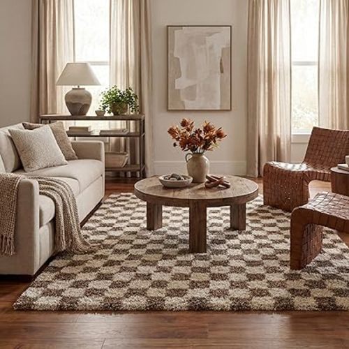 Nuloom Adelaide Beige/Brown, 8'10" x 12', Checkered, Shag, Soft and Cozy, High Traffic, Stain Resistant, Easy Clean, Durable Area Rug for Bedroom, Living Room, Dining Space, Den, Foyer, Entryway