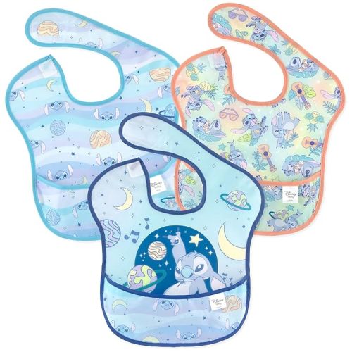 Bumkins Disney Bibs for Girl or Boy, SuperBib Baby and Toddler for 6-24 Months, Essential Must Have for Eating, Feeding, Baby Led Weaning, Mess Saving Waterproof Soft Fabric, 3-pk Stitch