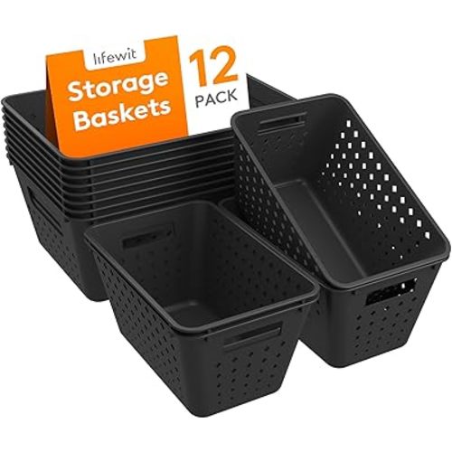 Lifewit Plastic Storage Basket, 12 Pack Stackable Storage Bins for Organizing, Multi Size Open Containers for Shelving, Pantry, Office and Cabinet, 8 Large and 4 Small Size, Black