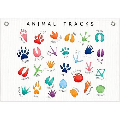 Jungle Nursery Wall Decor Canvas Banner, Forest Animal Tracks Field Guide Wall Hanging Banner Flag for Kids Room Playroom Nursery Classroom Cabin Decor, 20x30 Inch