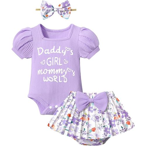 KANGKANG Baby Girl Clothes Short-sleeve Square Neck Romper + Floral Pleated Skirts Shorts Headband Spring Summer Outfits