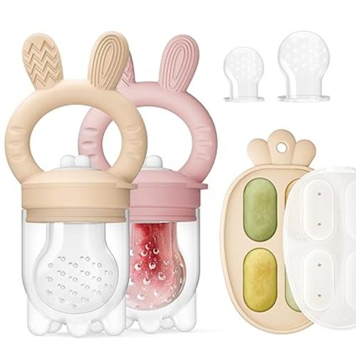 2 Packs Baby Fruit Feeder & Freezer Tray Combo, Push Pop Baby Food Feeder to Safely Introduce New Foods, Fresh & Frozen Food Silicone Feeder, 100% Food Grade, BPA Free