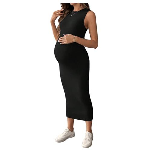 MakeMeChic Women's Maternity Dress Sleeveless Pregnancy Tank Crew Neck Casual Bodycon Maxi Dresses