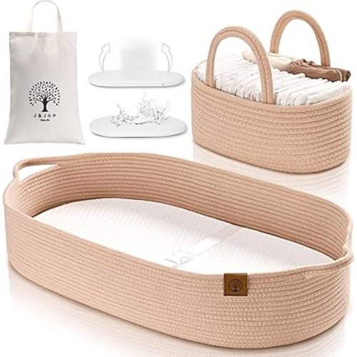 Baby Changing Basket Includes Diaper Caddy - Soft & Waterproof Dual-Cover, Portable, Changing Pad for Dresser & Changing Table, Gift for Baby Shower, Organic Cotton Rope