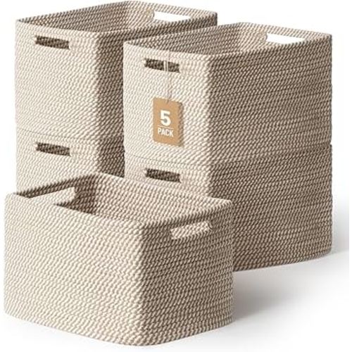 5 Pack Woven Storage Baskets for Shelves, Decorative Basket Organizer Storage Bins for Toys, Books, Clothes, Closet, Nursery, Bathroom – Cotton Rope Shelf Baskets for Organizing and Decor, Khaki