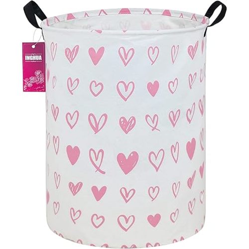 Laundry Hamper Large Canvas Fabric Lightweight Storage Basket/Toy Organizer/Dirty Clothes Collapsible Waterproof for College Dorms, Boys and Girls Bedroom,Bathroom(Pink hearts)