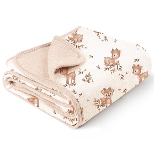 Konssy Muslin Baby Blankets for Girls Boys, 100% Cotton Crib Blanket for Baby Infant Toddler, Super Soft and Lightweight Nursery Blankets 40"x36" (Deer)