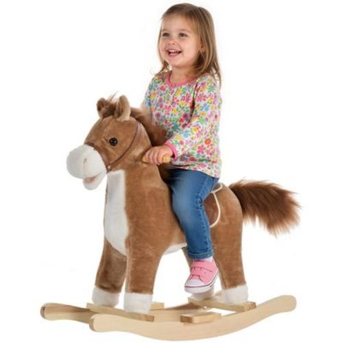 Qaba Rocking Horse Plush Animal on Wooden Rockers with Sounds, Wooden Base, Baby Rocking Chair for 36-72 Months, Brown