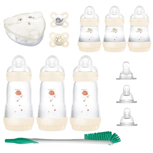 MAM Babys First Gift Feeding Set, Newborn Essentials Must Have for 0-3 Months, Self-Sterilizing Anti-Colic Bottles & Brush, Pacifiers, Skinsoft Silicone Nipples & Formula Dispenser, Unisex Set